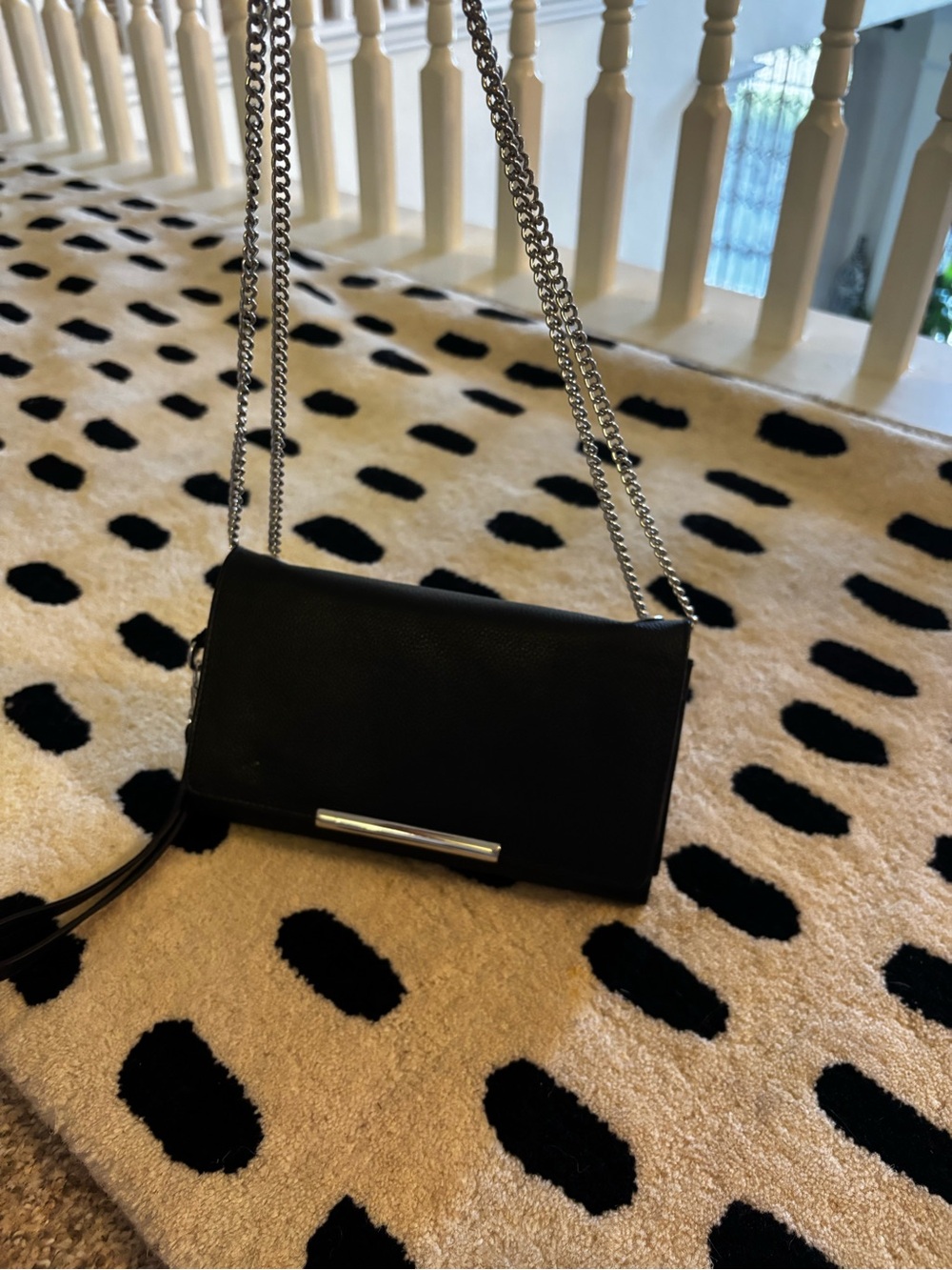 Black Leather Crossbody Bag with Silver Chain